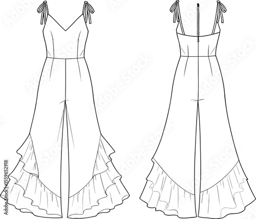 Sleeveless ruffle hem long dress, spaghetti strap design, front slit, technical fashion sketch, CAD vector template, apparel flat drawing