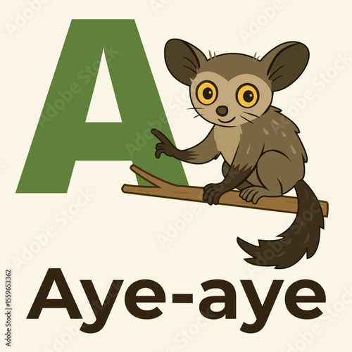 Adorable cartoon aye-aye sitting on a branch next to a large green letter A. Perfect for kids' animal alphabet, flashcards, posters, or early education material. Isolated on light background.