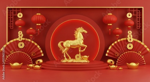 Golden Horse Figurine with Festive Chinese Decorations