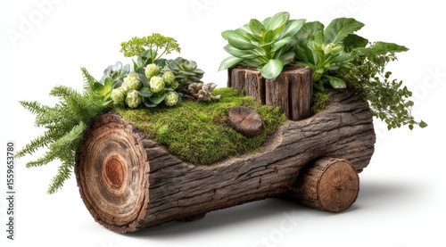 Rustic Log Planter with Flourishing Greenery Displayed