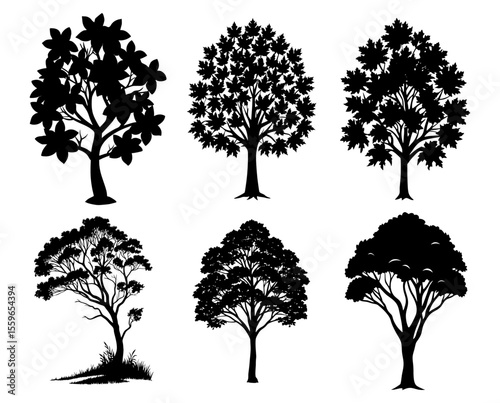 Collection of six different tree silhouette shapes