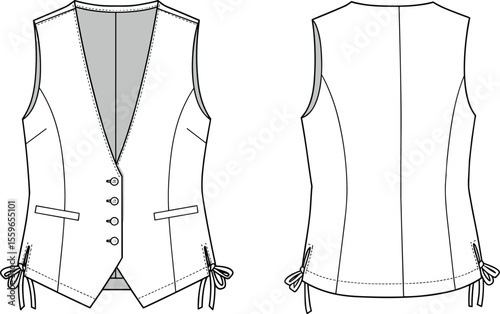 Women’s vest flat sketch, button closure design, fashion technical drawing, side tie detail, front and back cad illustration