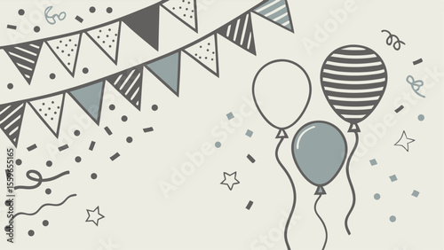A festive and celebratory illustration featuring a string of decorative bunting flags and three stylized balloons floating against a light background with scattered confetti and stars