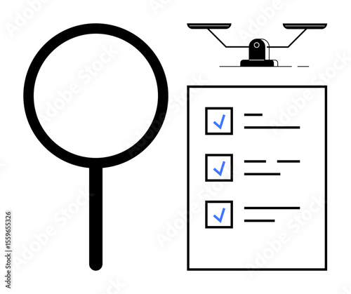Magnifying glass, checklist with checkmarks, and a scale of justice convey concepts of analysis, responsibility, and fairness. Ideal for law, ethics, review, decision-making research quality