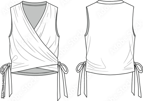 Wrap crop top vector template, technical flat sketch fashion, sleeveless side tie blouse, front back view, cad drawing, garment design