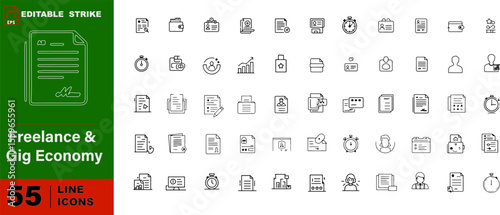 Freelance and Gig Economy Flat Vector Icons Set – Money Transfer, Contract, Invoice, Payment, Client Review, Time Log

