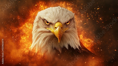 Fierce bald eagle portrait engulfed in flames, intense gaze, dark background.