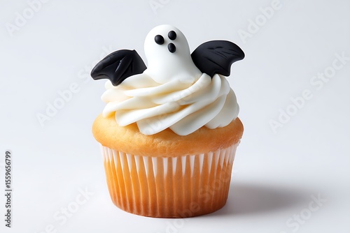 Spooky Cupcake Delight: A delicious vanilla cupcake adorned with a whimsical ghost-shaped frosting and bat wings sits against white backdrop, perfect treat for Halloween.