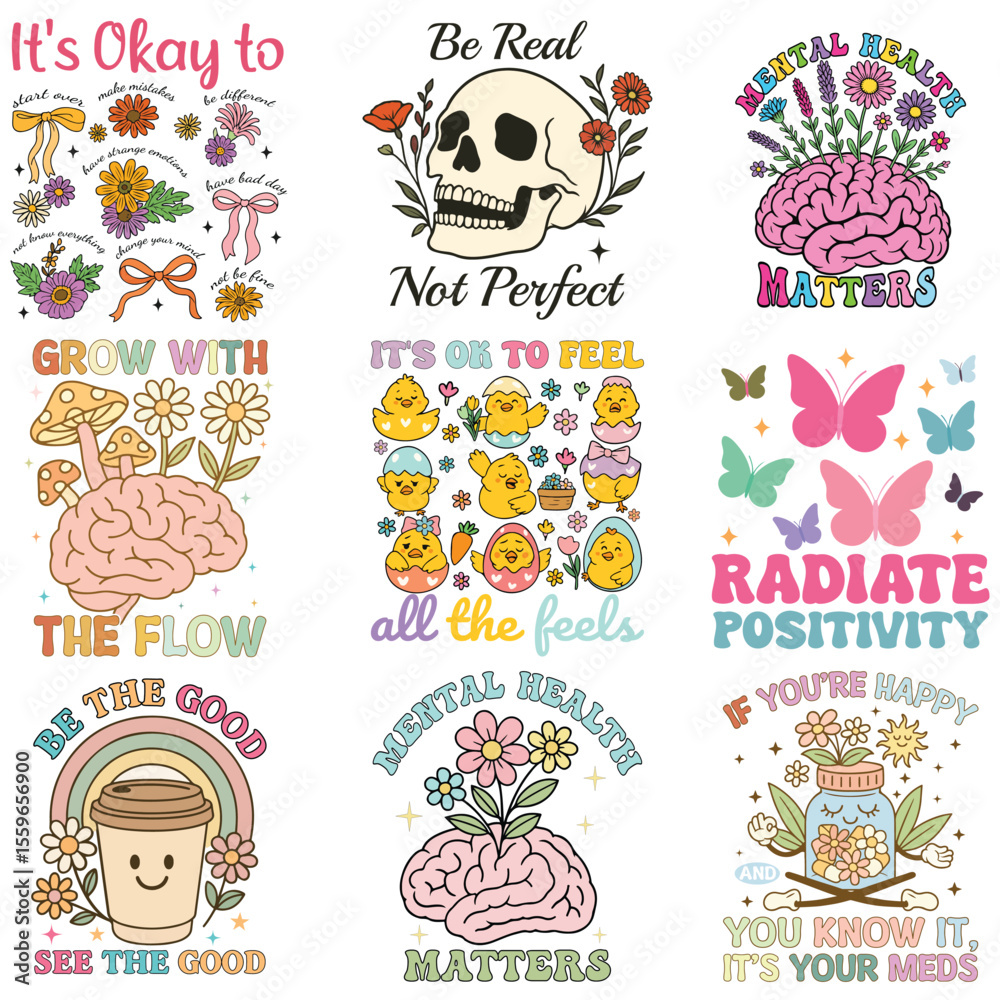 Fototapeta premium collection of Mental Health Matters T-shirt vector, Positive sayings, Cute Mental Health Awareness illustration, Self Care design sublimation 