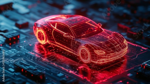 Futuristic red sports car digital model on a circuit board.