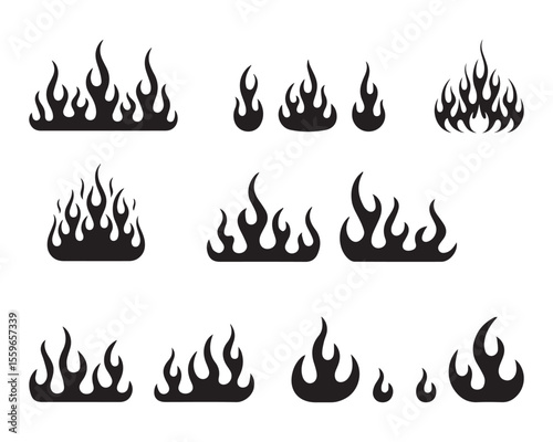 Black flame silhouette icons set for fire illustration and graphic decoration