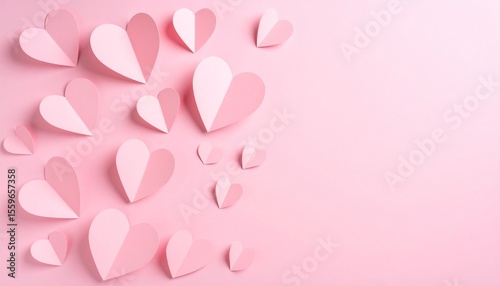 Composition for Valentine's Day February 14th. Delicate pink background and pink hearts cut out of paper. Greeting card. Flat lay, top view, copy space.