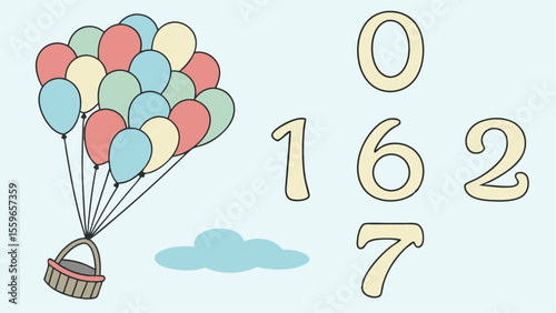 A whimsical illustration featuring a cluster of colorful balloons in pastel shades carrying a woven basket accompanied by large stylized numbers and a fluffy cloud against a pale blue background