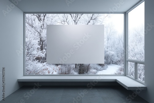 Modern room with large window, snow-covered trees, blank canvas