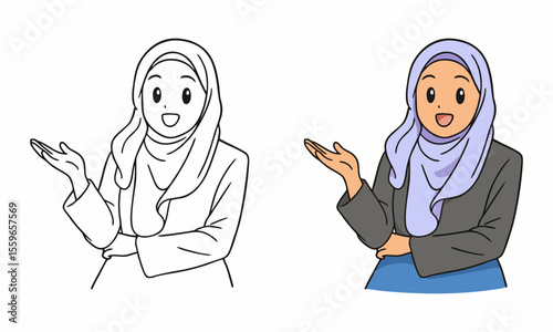 hijab woman presenting hand coloring page for kids