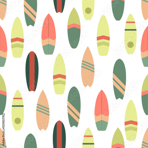 Seamless pattern of colorful surfboards in simple and minimalist style with different stripe patterns on transparent background.
