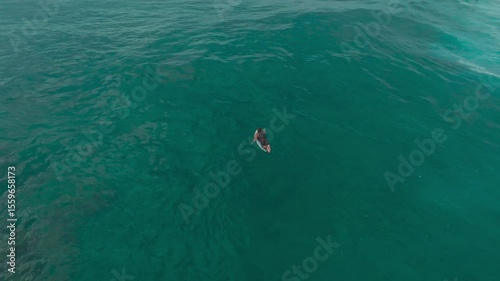Aerial view of surfers waiting for waves on a tropical beach. Surfers paddle out to sea on a sunny day and turquoise sea