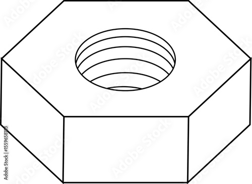 A black and white line drawing of a hexagonal nut with internal threading shown through its central hole.