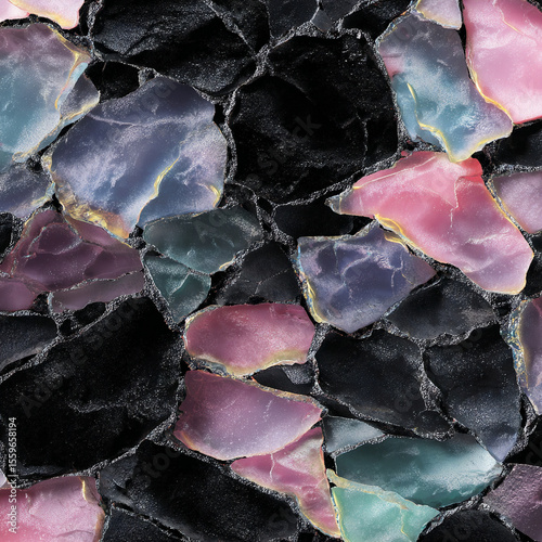 A surreal pattern background drawing from the fractured surface of sea glass fused with the glossy depth of black volcanic glass