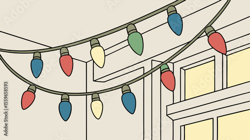 A festive string of colorful christmas lights including red blue green and yellow bulbs draped across a building exterior with illuminated windows