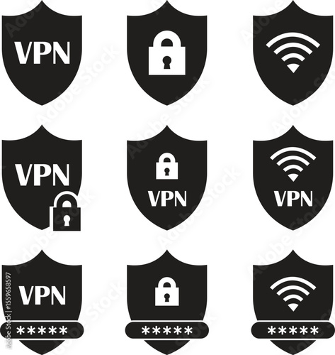 VPN shield security icon set flat designs. Representing security password protection symbol. Sign Vectors wifi elements. Connection Supplier silhouette illustration isolated on transparent background.