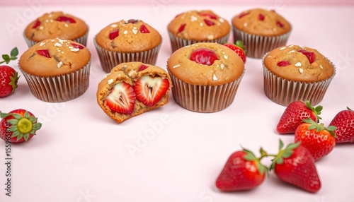 Delicious gluten-free strawberry muffins, healthy snack, pastel background,  recipe,  vegetarian