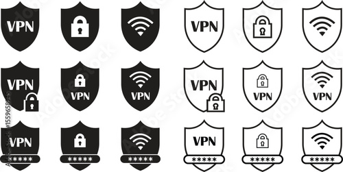 VPN shield security icon set flat and outline design. Representing security password protection symbol. Sign Vectors wifi elements. Connection Supplier illustration isolated on transparent background.