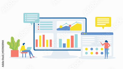 Illustration of people interacting with data dashboards and charts on computer screens display