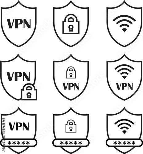 VPN shield security icon set outline designs. Representing security password protection symbols. Signs Vectors wifi elements. Connection Supplier illustration isolated on transparent background.
