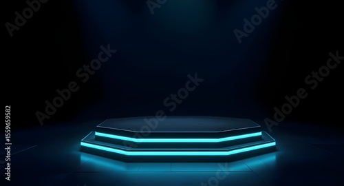 Futuristic Neon Podium Stage Background with Blue Glow Lights, Digital Tech Stage Vector – Futuristic Circuit Background Template