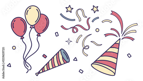 Festive celebration elements including balloons party poppers confetti and stars perfect for birthday or holiday designs with a playful hand drawn style