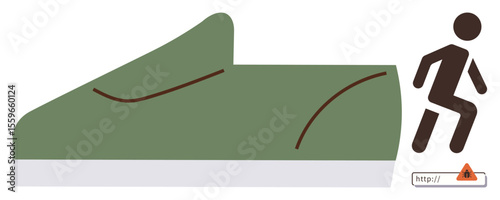 Minimalist giant green shoe with a stick figure running outside, signifying escape, freedom, or personal growth. Ideal for concepts thumbs up progress, self-development, motivation, resilience