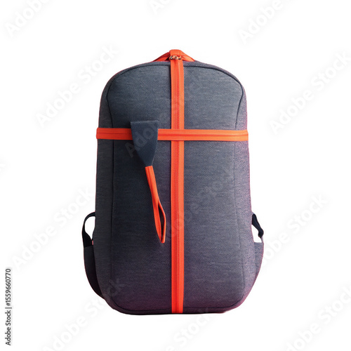 Modern dark grey backpack with bright orange zipper accents and strap