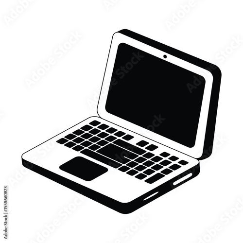 Black and white isometric illustration of a modern laptop with a blank screen on white background