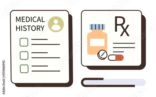Medical history chart, prescription details with medicine jar, capsules, and tablets. Ideal for healthcare, health tracking, treatment, pharmacy, medical advice patient care simple flat metaphor