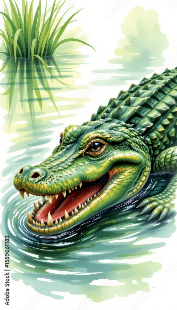 Obraz premium Realistic and Vibrant Crocodile Swimming in Serene Water Surrounded by Lush Green Grass and Natural Environment