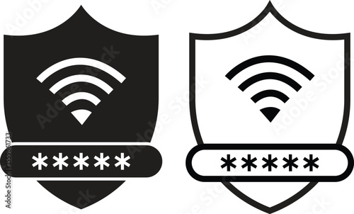 VPN shield security icon set flat and outline design. Representing security password protection symbol. Sign Vectors wifi elements. Connection Supplier illustration isolated on transparent background.