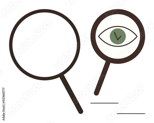 Magnifying glass and focused eye representing inspection, analysis, discovery, research, precision, attention, and verification. Ideal for analytics, learning search data quality control focus