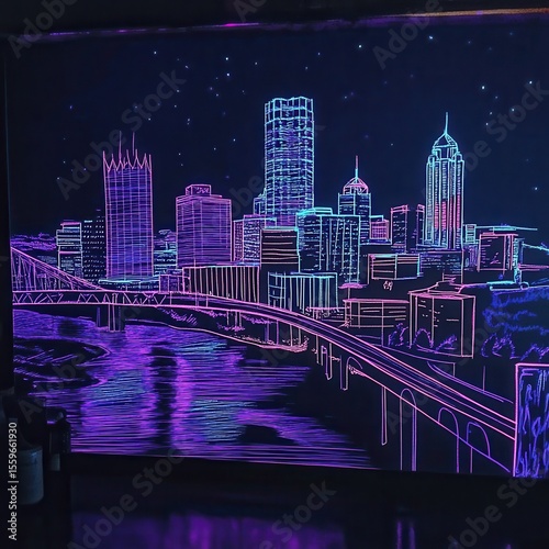 neon city skyline at night, glowing outlines, purple and blue lights 