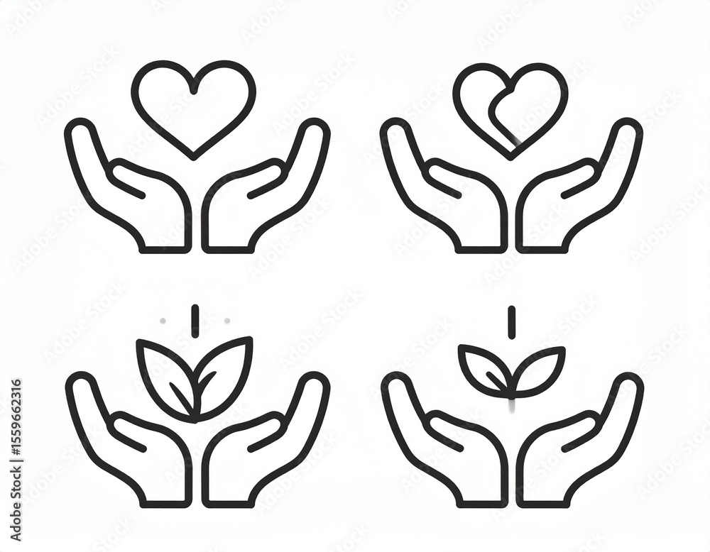 Obraz premium Four line art illustrations showcasing hands cupping a heart and growing plants.