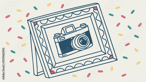 A charming hand drawn illustration of a vintage camera displayed in a decorative picture frame surrounded by colorful confetti