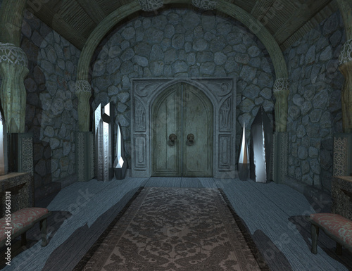 Fototapeta Naklejka Na Ścianę i Meble -  3D rendered fantasy medieval interior of a castle with crystals as a background image