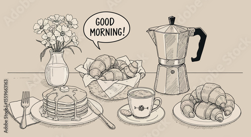 Cozy breakfast table vector illustration: vintage hand drawn design for kitchen decor