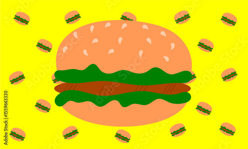 Cute burger doodle animation with simple lines on a bright yellow background, creating a playful, cheerful and appealing impression for a modern design that is friendly and inviting.