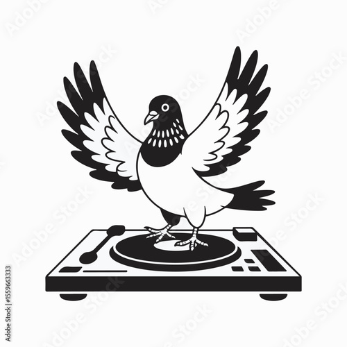 Illustrated vector graphic of a pigeon with wings spread standing on a turntable in a black and white design