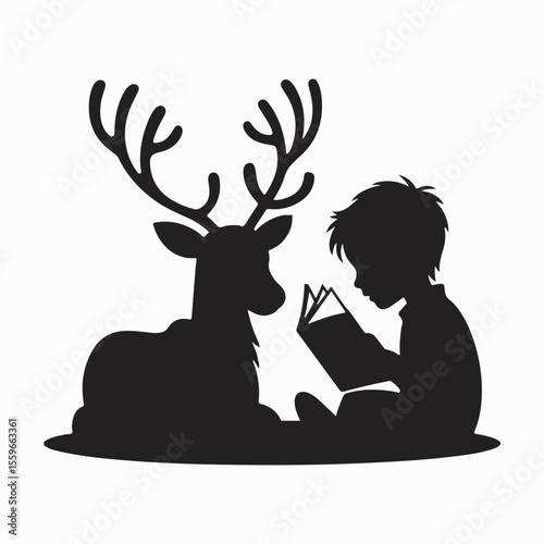 Silhouette illustration of a boy reading a book alongside a reindeer depicting imagination and friendship.