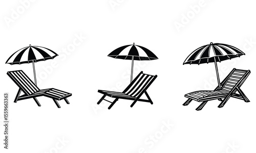 Relaxing Beach Chair and Umbrella silhouette Illustrations