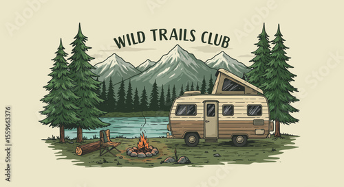 Wild trails club vector illustration: camping adventure poster in hand drawn style