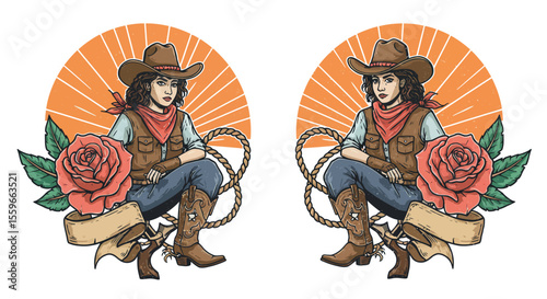 Western rodeo cowgirl vector illustration for t-shirt design in retro style