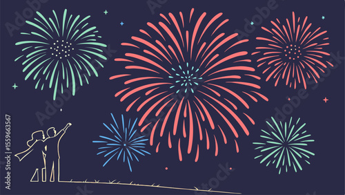 A couple silhouetted against a dark night sky watches a vibrant display of colorful fireworks bursting overhead in celebration